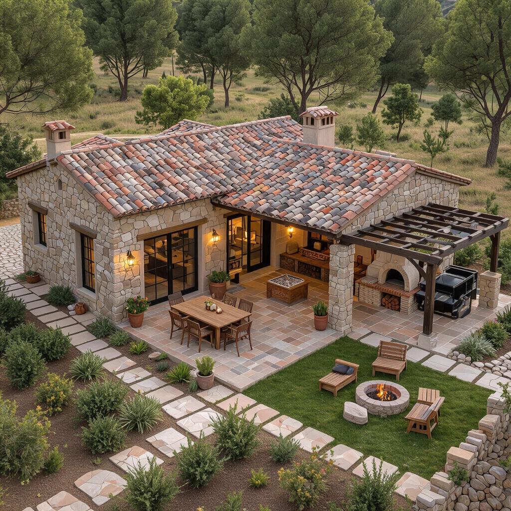 Wide-angle aerial perspective of a rustic one-story house. Stone walls with wooden beams and black iron windows. Clay tile roof above. Spacious covered terrace with rustic dining table and brick grill area. Cozy outdoor lighting enhances atmosphere. Surrounding natural gardens feature native plants and trees. Small orchard included. Pathways of irregular stone lead to a parking area under wooden pergola for vehicles. Backyard contains a small lawn with firepit and wooden seating. High detail and warm lighting.