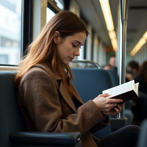 A person reads a book on a train. The focus is on the individual and their book. Background depicts a train setting. Natural light illuminates the interior. The environment shows a busy train atmosphere. Individuals in the background are engaged in their own activities.