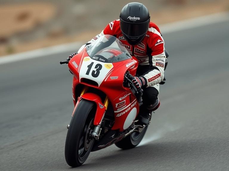 A motorcycle racing rider in motion. The motorcycle is red with number 13 on it. The rider wears black protective gear and a helmet. The background shows a racing road. The rider is leaning forward, focused on speed. The image captures the essence of motorsport with excitement.