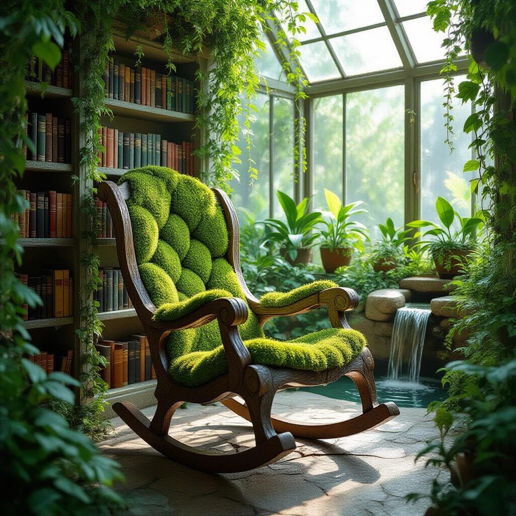Detailed image of a living rocking chair made from stone and plants in a greenhouse library. Chair frame has petrified wood and quartz. Vines and flowers curl around the chair. Seat is thick moss shaped for comfort. Bookshelves are filled with books, surrounded by ivy and orchids. Golden sunlight shines through glass panels. Nearby, a small waterfall adds soothing sounds. Chair on old stone floor reclaimed by nature.