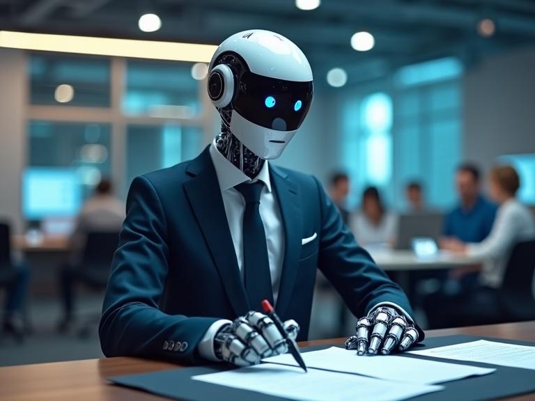 Robot in business suit automating paperwork at a digital desk. Humans in the background focus on creative tasks.