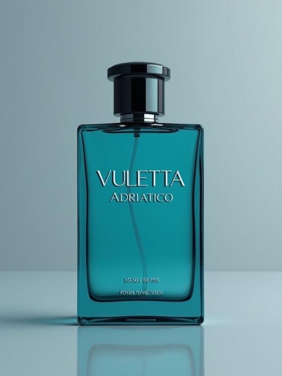 Photo of a minimalistic turquoise color perfume bottle on a soft gray background. Dark blue label features 'VULETTA' in bold metallic silver engraved-style font at the top. 'ADRIATICO' in white silver font in the middle and 'POUR HOMME' below it. Faint metallic silver 'PARFEME' near the bottom. Close-up shot with vibrant color grading, light leaks, shallow depth of field.