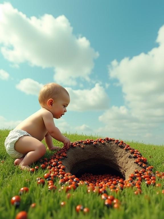 Hyper-realistic scene featuring a baby crawling in a grassy field under a bright blue sky. Baby in a diaper is curious. There is a hole in the ground filled with red ladybugs swarming. Some ladybugs climb onto the baby. The baby is fascinated and exploring nature.