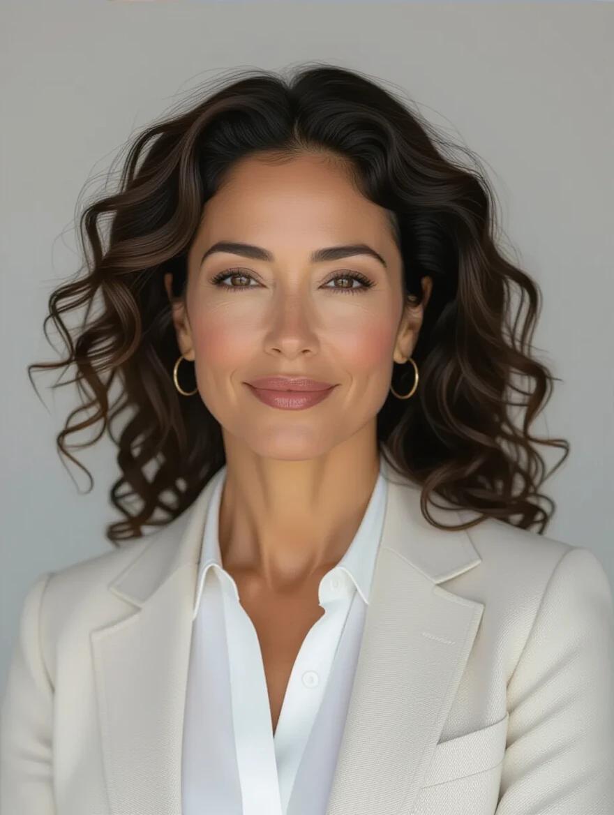 Realistic image of a woman in professional attire. Woman has curly hair and wears a blazer. She appears calm and approachable. Light skin and expressive eyes. The background is neutral and minimalistic.