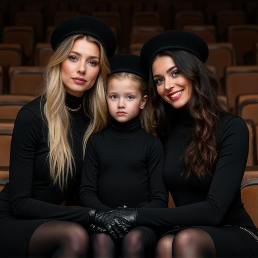 Three women and a girl on a theatrical stage. They're wearing skin-tight black bodysuits. They hold handbags and wear black tights, gloves, and berets. They sit on chairs and smile ironically. The atmosphere is serious and stylish.