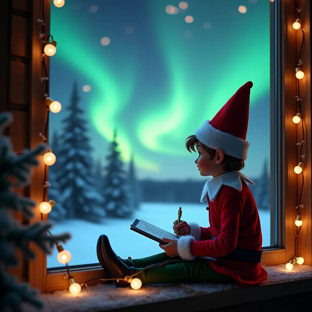 Elf sitting by a window looking at northern lights. The elf dressed in Christmas colors holds a tool. Outside, a snowy landscape creates a winter atmosphere. Fairy lights drape over the window sill. Vibrant aurora borealis dances in the sky. Mood is festive and exciting.