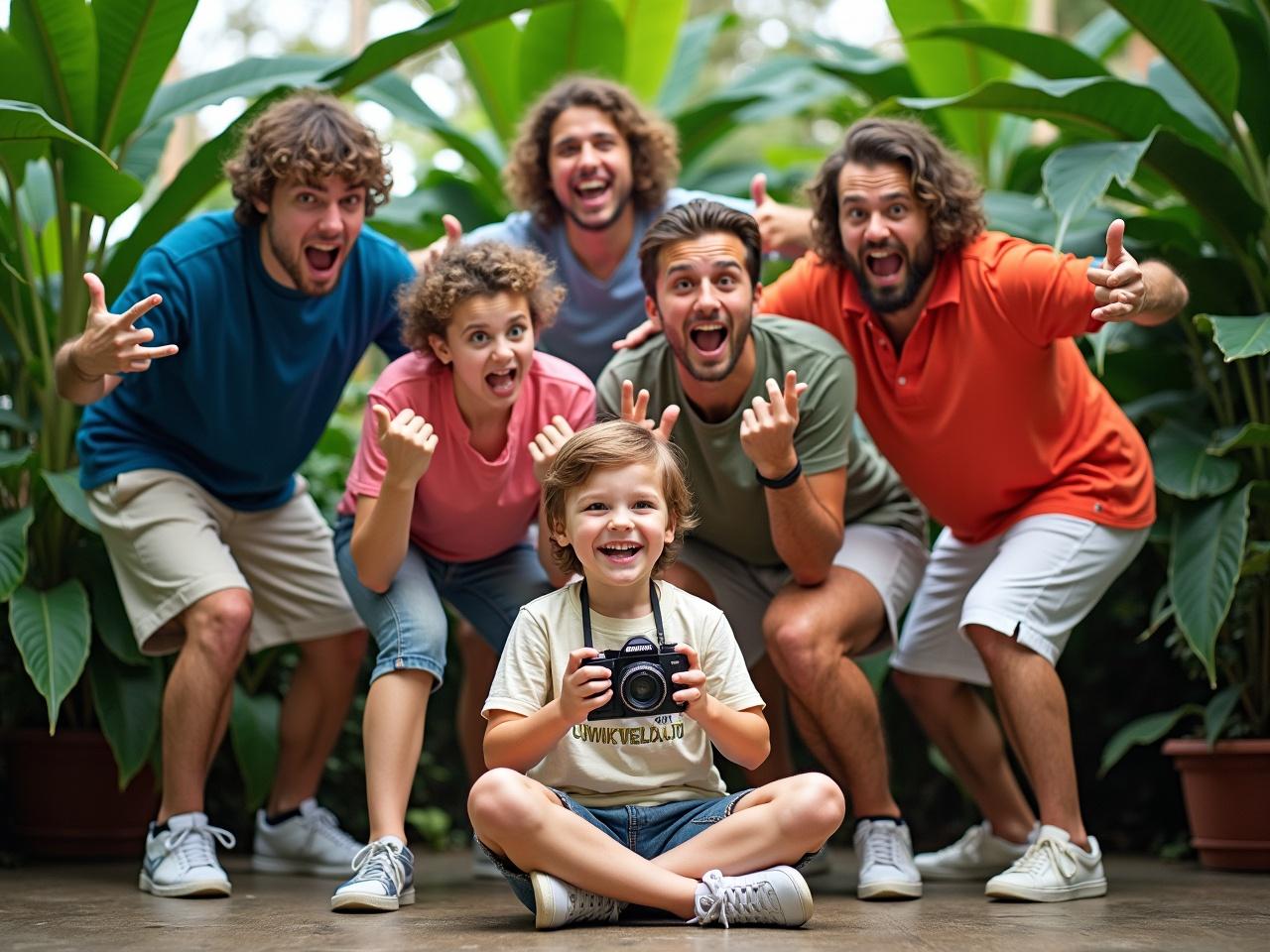 A group of six individuals are posing outdoors in a lush, green setting filled with tropical plants. They are wearing colorful, casual clothing, with some in vibrant shirts and shorts. The atmosphere appears playful and energetic, as they adopt exaggerated facial expressions and striking poses, suggesting a sense of fun or mock drama. One person, a small child, is in the front, holding a small camera and also participating in the action. The others around him are making wild gestures, with one guy sitting cross-legged and seemingly in a moment of thoughtful expression. The background is well-lit and lush, adding to the vibrant mood of the scene.