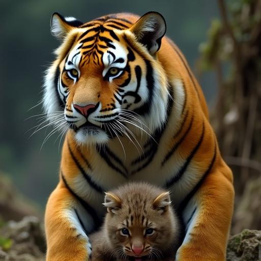 A majestic tiger with vivid orange and black stripes sits protectively with a small kitten at its paws. The lush green background suggests a natural habitat for wildlife.