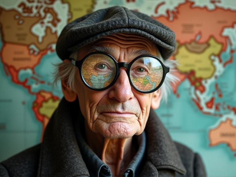 Portrait of an elderly person with thoughtful expression, wearing round glasses filled with world maps. The background is a colorful world map blending seamlessly. Use muted earth tones, soft natural lighting, and emphasize textures. Themes include travel, memory, and interconnectedness, focusing on the subject's eyes and unique perspective.