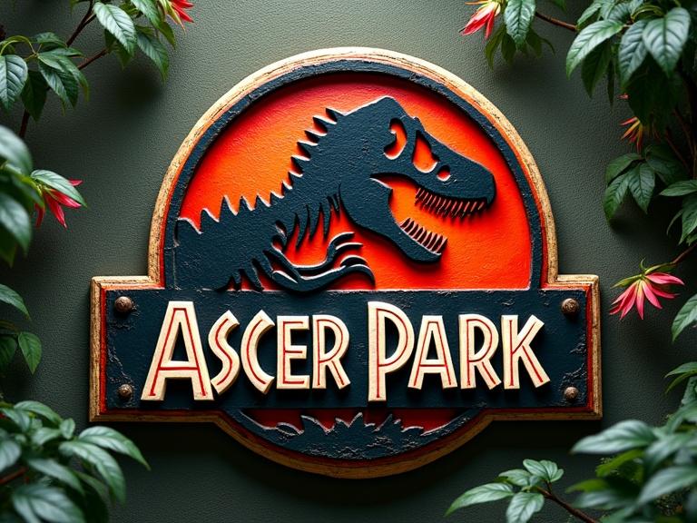Logo features the title ASCER PARK in a serif font resembling Jurassic Park. T-Rex skeleton holds bundles of €50 notes with more falling. It wears a black top hat. Vibrant colors like intense red, deep black, and yellow dominate the design. Background shows dark green jungle elements contrasting with earthy tones. Dramatic lighting filters through foliage, creating shadows and highlighting textures.