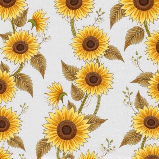 Lace pattern featuring sunflowers and small leaves connected by geometric vines. Diagonal repeat layout. Cotton yarn in mixed thickness. High clarity and clean lines with soft mesh background.