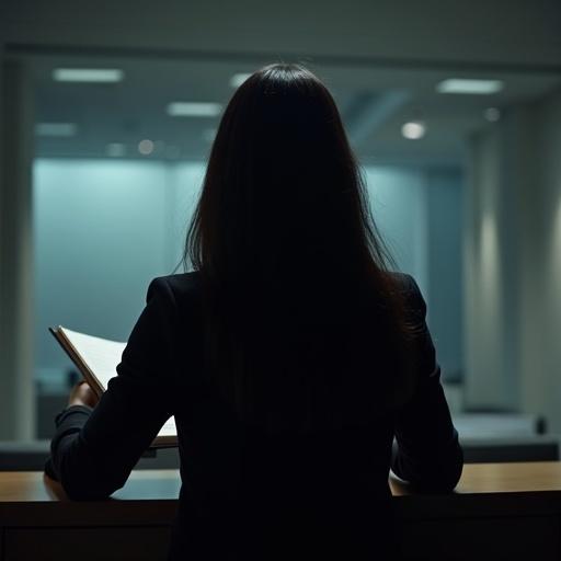 Photograph of young female lawyer with long dark hair sitting in a dimly lit office. She is reading a thick legal textbook. The office is partly lit, creating a moody atmosphere.