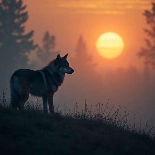 Silhouette of a wolf stands on a hillside during a misty evening. Background features a sunset with soft colors and trees in silhouette.
