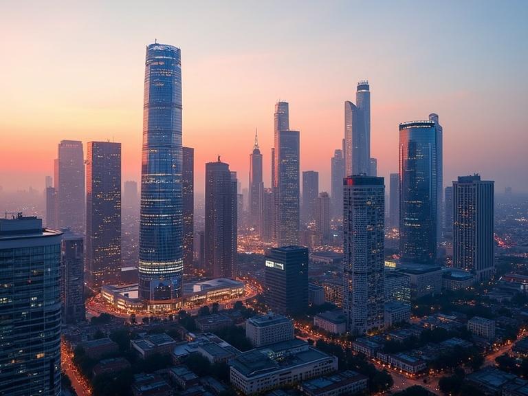 Panoramic view of Moscow's skyscrapers at sunrise. Sky and buildings illuminated with vibrant colors. Clear sky complements urban architecture. City spreads with smaller buildings in foreground. Aerial perspective provides wide-angle view of modern cityscape.