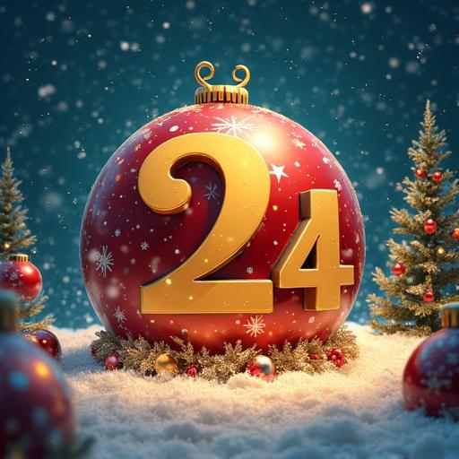 Realistic image of a Christmas lottery ticket for 2024 without numbers. Features a large red ornament with number 24. Snowy background with Christmas trees around.