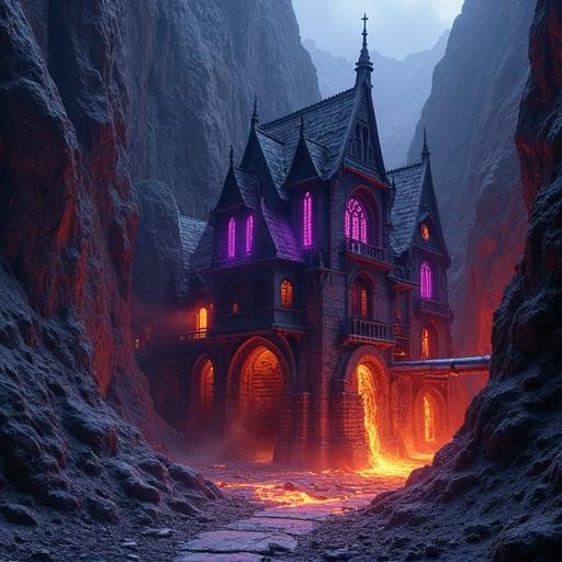 Dark Gothic fantasy forge built into a cliff with lava flowing through iron pipes. Glowing purple windows and rusted black walls surround magical molten machinery.
