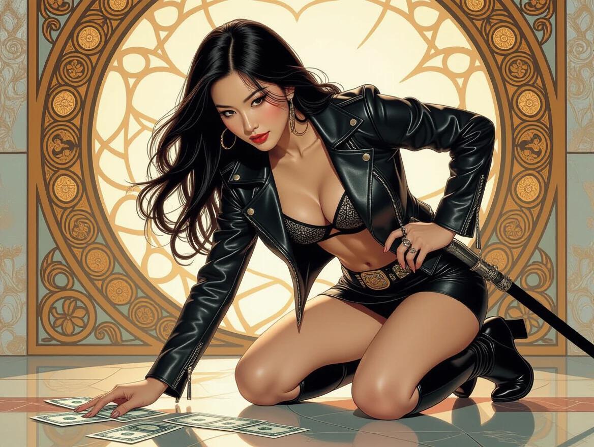 Asian woman in fitted leather jacket and short leather skirt. She picks up money from the floor while holding a metal whip. Realistic skin and facial features are depicted with intricate details. Art inspired by Alphonse Mucha and Frank Frazetta.