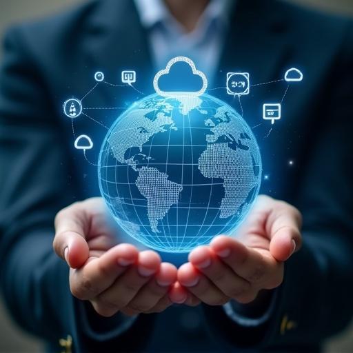 Hands are holding a glowing digital globe. The globe symbolizes global communication. Connected network icons are floating around the globe. The image represents cloud technology and innovation.