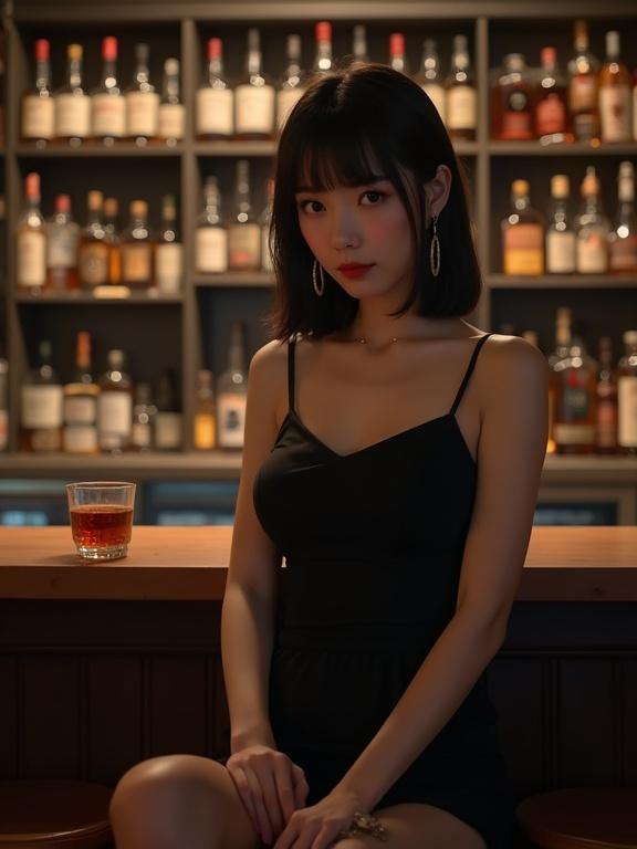 Beautiful Japanese idol girl sitting at a bar counter. She wears a black camisole-dress with oversized earrings. Dark lighting creates an intimate atmosphere. A glass of red wine is on the counter. Behind her many whiskey and bourbon bottles. Entire body is showing.