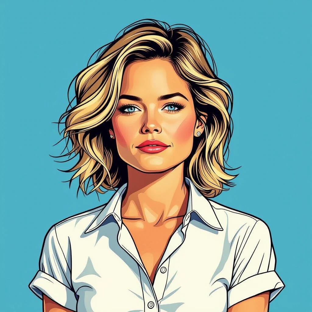 Half profile portrait of a young actress. Tousled shoulder-length blonde hair styled asymmetrically. Wearing a knotted unbuttoned white shirt with rolled sleeves. Exudes confidence and a challenging expression. Comic-strip illustration with defined contour lines and vibrant background.