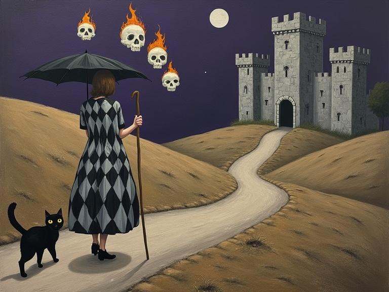 A figure walks along a winding dirt path in a barren landscape. The figure wears a black and white diamond-patterned dress and holds a staff with a black umbrella. Translucent skulls with flames hover nearby. A black cat with yellow eyes accompanies the figure. A grey stone castle stands in the background against a purple sky with a crescent moon. The image features textured brushwork and muted colors.