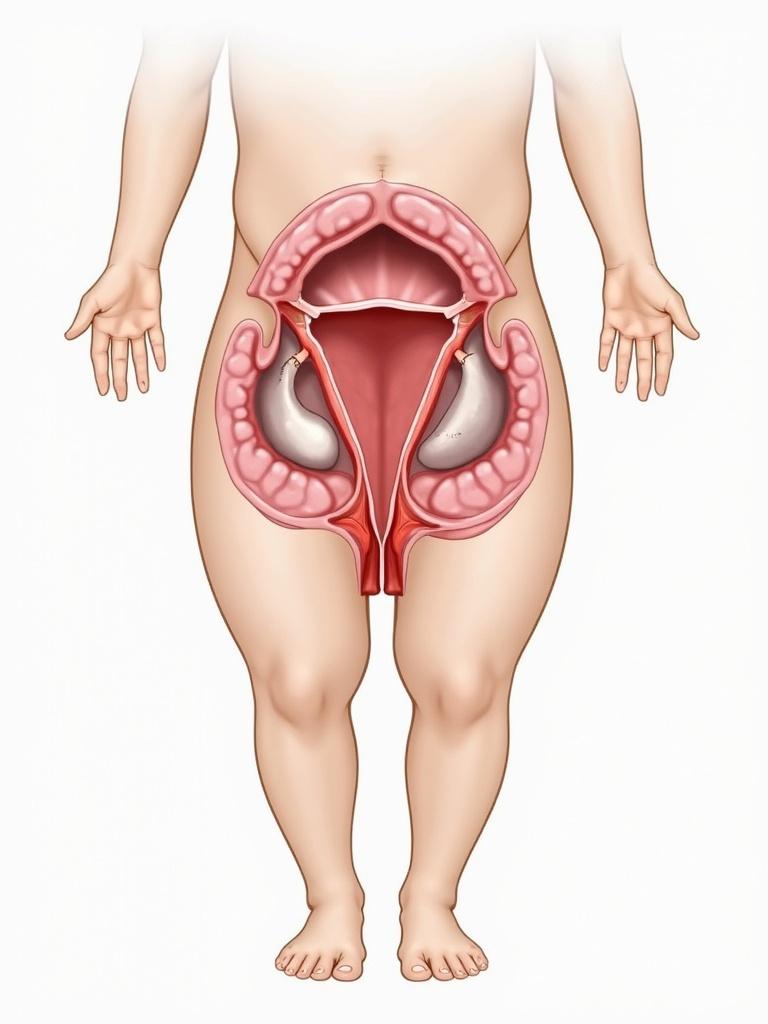 Illustration depicts the internal structure of a prepubescent male's reproductive system including penis testicles and prostate in anatomical detail without extraneous features.