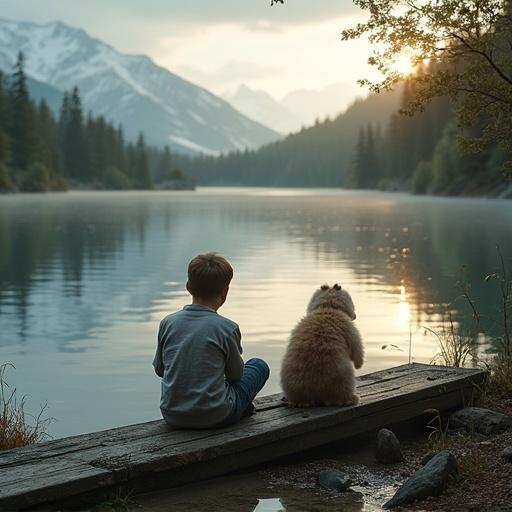 A boy sits on a wooden platform next to a dog by a peaceful lake. Mountains form a backdrop under a cloudy sky. Soft sunlight illuminates the scene.
