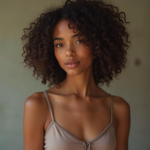 Curly-haired girl with hourglass body in a realistic portrait. Natural appearance with vibrant skin tones and detail in hair texture.