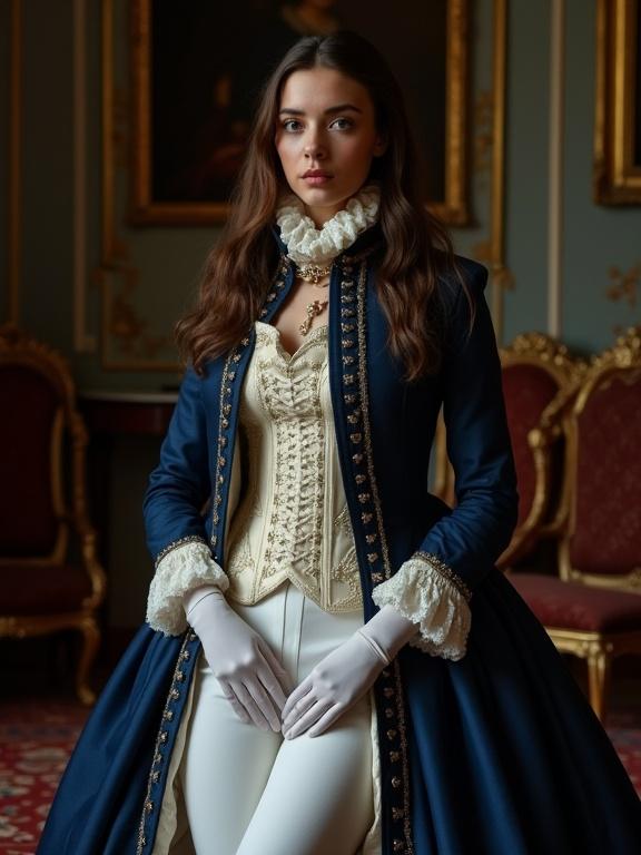Young French woman in a dark blue Napoleonic uniform with intricate details. White frizzy under corset and tight white trousers. Dark room with fine carpets and portraits in the background. Long brunette hair and natural makeup. Crossed legs and a thoughtful expression, facing slightly left.