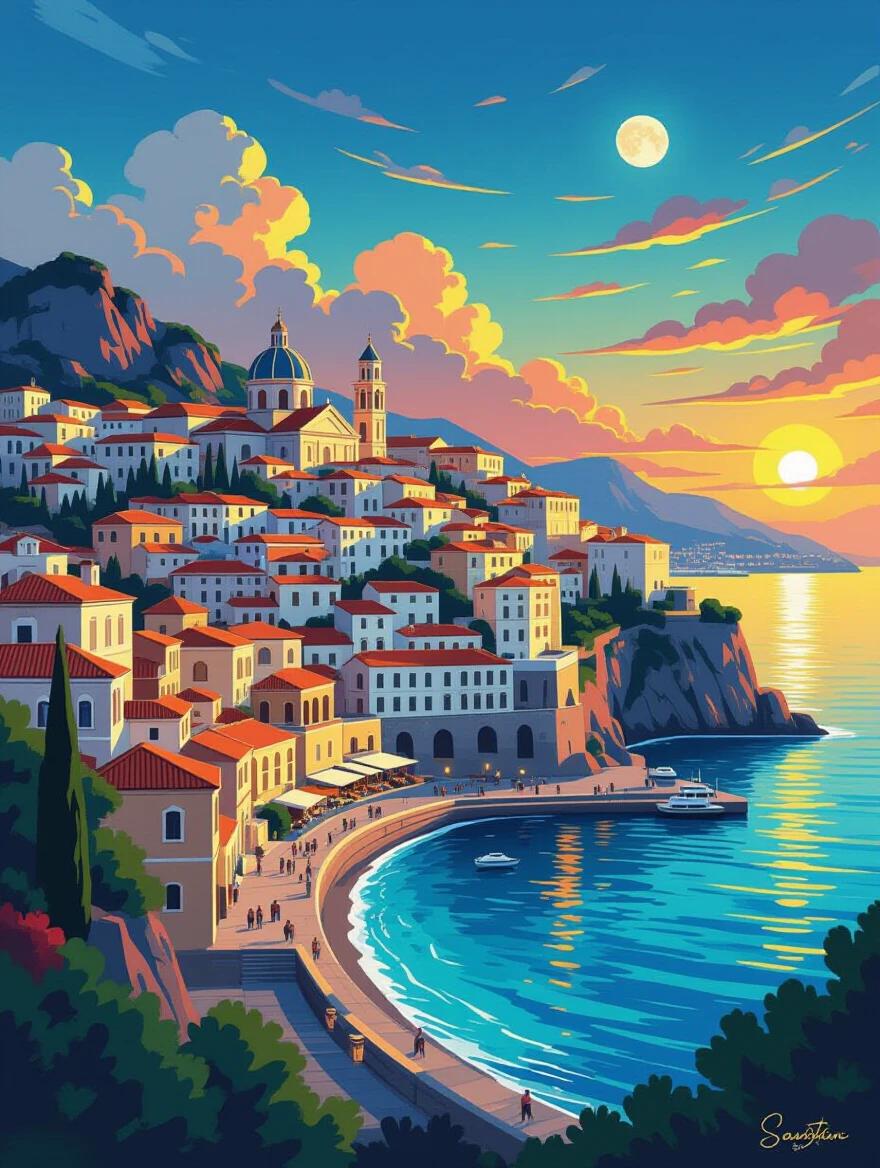Digital painting depicting a Mediterranean coastal city during golden hour. Historic architecture with domes and towers is visible. Residential neighborhoods with terracotta roofs cascade down to the harbor. Water reflects the sunset and moon. Sky features layered clouds in blue, teal, coral, and yellow. Foreground shows waves in shades of blue and green. Artistic style focuses on color transition and simplicity. Intimate lighting brightens the buildings.