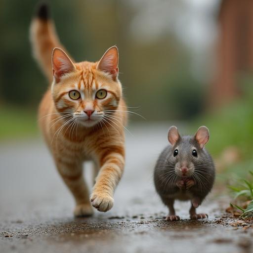 A vibrant orange cat sprinting after a gray rat on a pathway. The scene depicts lively interaction between the two animals in a natural environment.