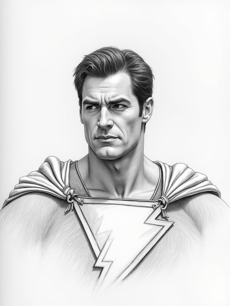 Pencil sketch of a superhero character in a dynamic pose. Strong emphasis on the character's attire and cape. The artwork showcases clean lines and shading techniques.