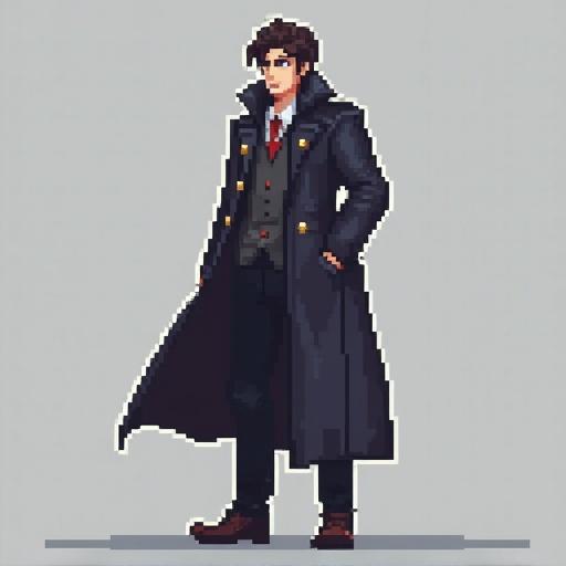 Pixel art representation of a male character wearing a long coat. The character is shown in an upright position with detail in clothing and style. Balanced color scheme with suitable pixel accents.