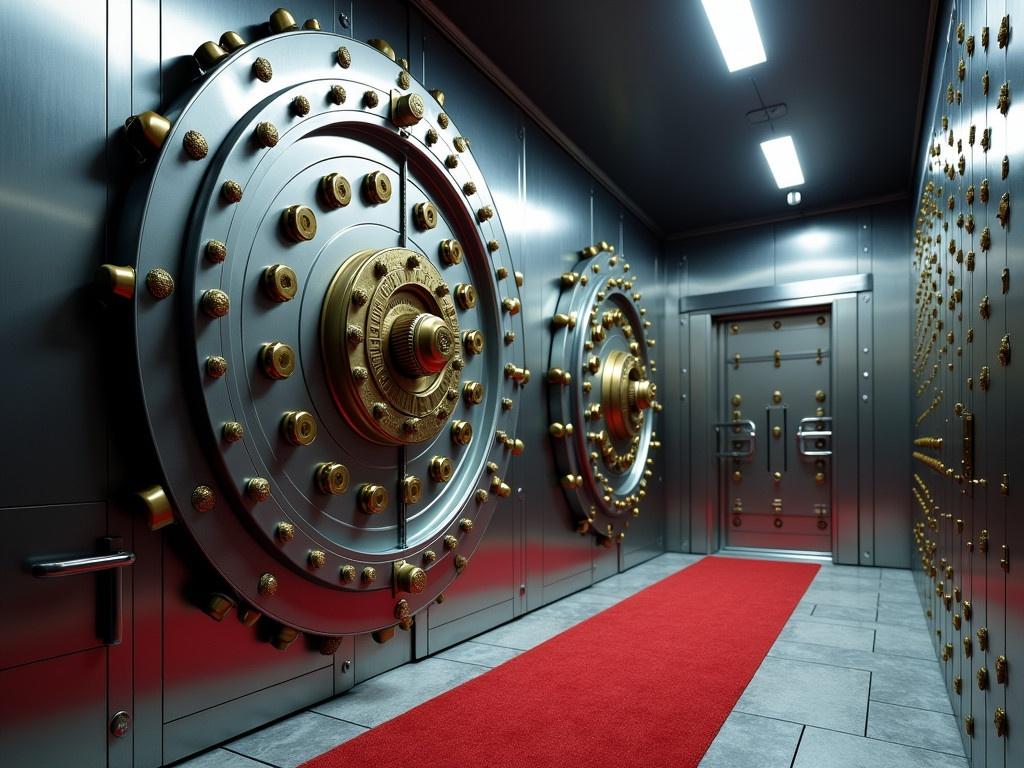 This image depicts the interior of a large bank vault. The vault door is massive, with intricate mechanisms and a series of golden knobs for operation. There is a secondary smaller vault door visible next to the main one, which is also metallic and securely locked. The floor is clean and shiny, with a mix of gray tile and red carpet, giving the room a professional appearance. The walls are lined with metallic surfaces, emphasizing the vault's strength and security. Soft overhead lighting adds to the ambiance, making the vault feel both intimidating and impressive. In the background, there are metal bars, hinting at the storage area for safe deposit boxes.