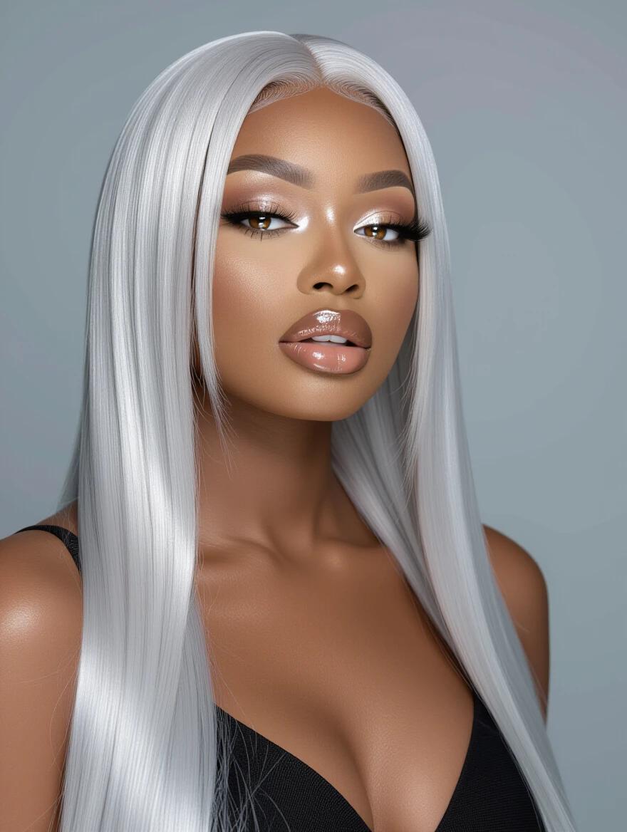 Image focusing on a black woman with light skin and long straight silver Balayage hair. Glowing silver eyes and dramatic silver makeup featured prominently. Large breasts. Image highlighting her light-controlling abilities with an elegant pose.