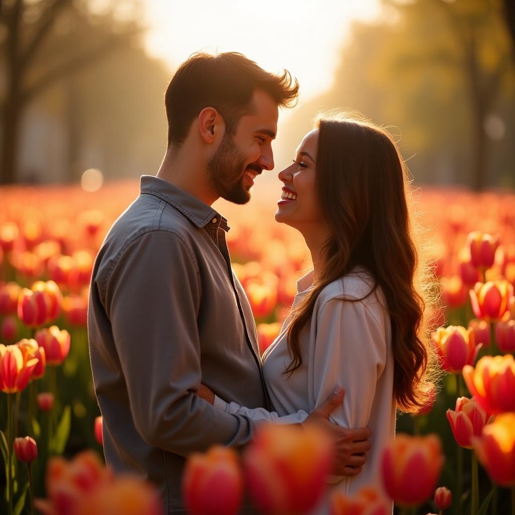 Loving couple stands closely together in a field of colorful tulips. They smile at each other illuminated by warm sunlight. Background filled with vibrant flowers creates beauty. Scene captures essence of love during spring.