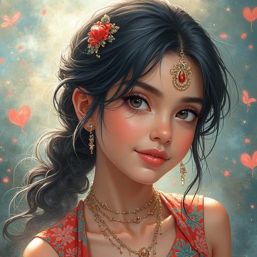 Young woman with dark hair styled elegantly. She wears a floral hair accessory and ornate earrings. The background is dreamy with soft colors and floating hearts.