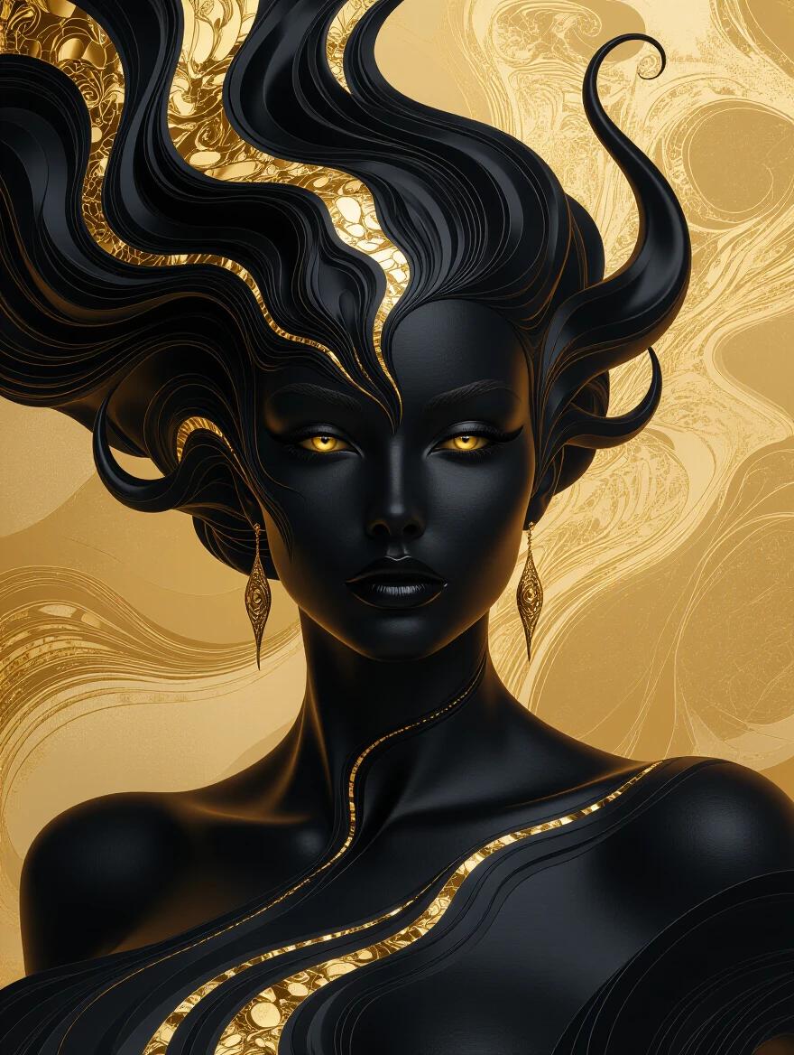 Abstract portrait of a feminine daemon figure in swirling black and gold. The figure has a dynamic form with flowing golden accents. The colors include glossy black and luxurious gold. It creates a mysterious and mystical aesthetic with dramatic lighting.