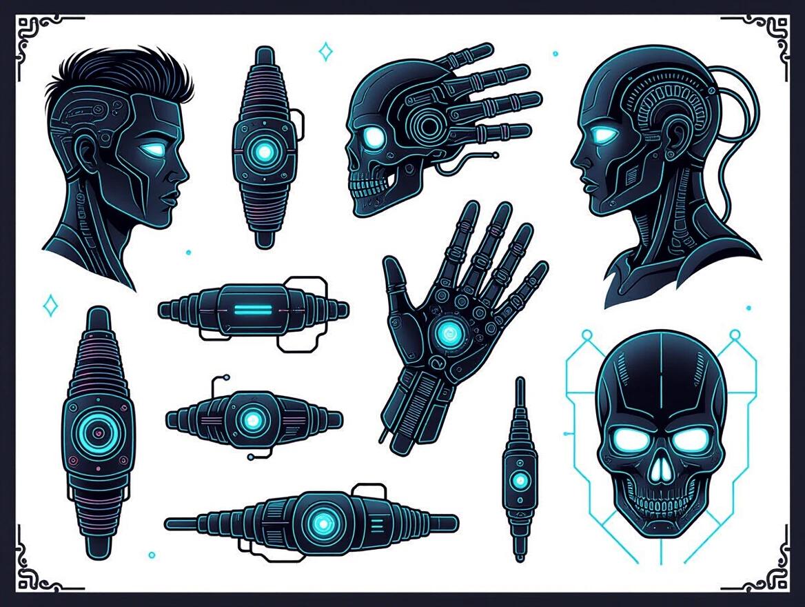Biomechanical tattoo sheet features neon biomech designs and glowing cables. Designs include robotic skulls, hands, and faces. A black background enhances the luminous ink effect. Multiple designs arranged symmetrically for high contrast. Clean vector style with sharp details.