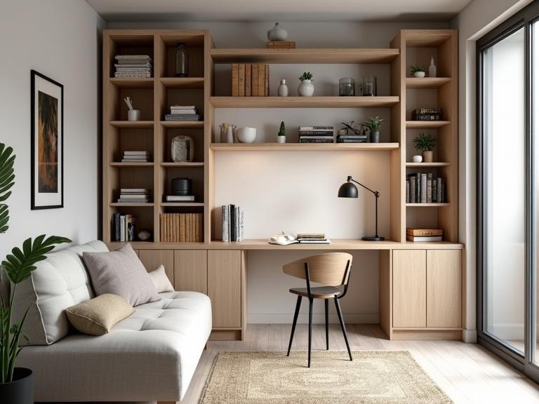 Image of a small modern space. Shows an apartment or studio interior. Features tall narrow shelving for vertical organization. Includes convertible furniture. Highlights space-optimizing design elements. Elegant and tidy overall appearance.