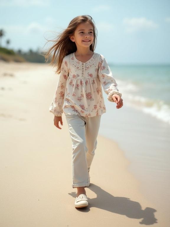 Little girl walking along the sandy beach wearing a floral blouse and light trousers, smiling while wearing moccasins.