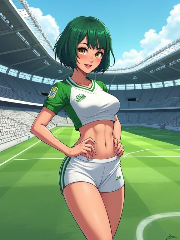 Digital anime illustration. Female character with bob haircut. Green hair and golden eyes. Wearing Betis team soccer jersey and tight shorts. Flirtatious pose in soccer stadium. Empty stadium seats. Green grass pitch with markings. Soft shadows in the scene. Cel-shaded rendering with crisp linework.