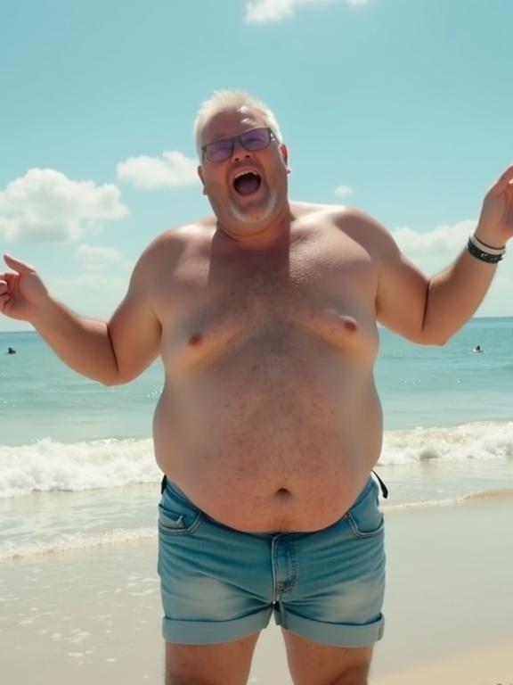A man dances shirtless on the beach. He is very overweight and 50 years old. The beach scene is sunny and lively. Waves are gently crashing in the background. The man appears to be enjoying himself.