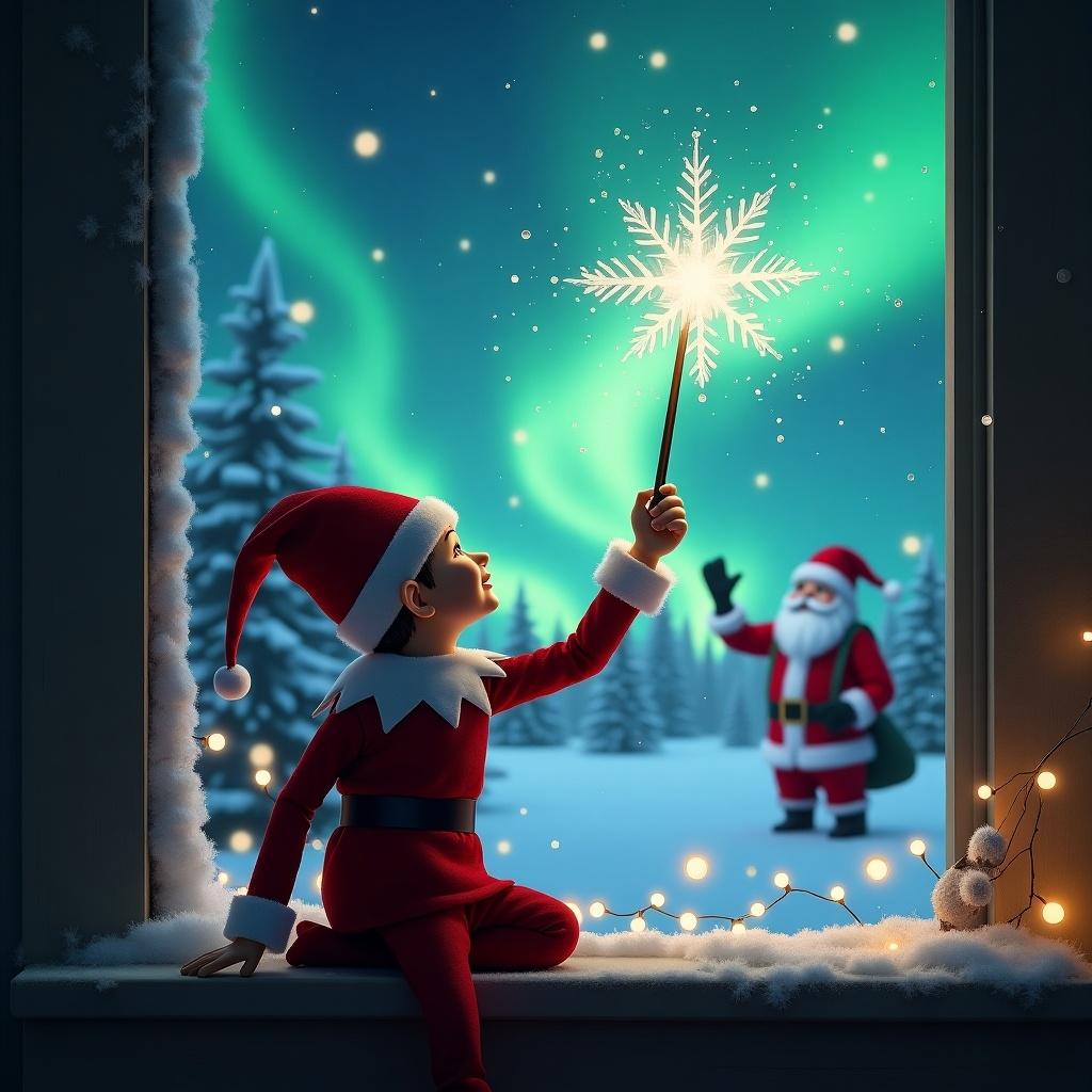 Elf on the shelf gazing at the sky writes in snow with wand. Magical Christmas scene features northern lights and Santa in the background.