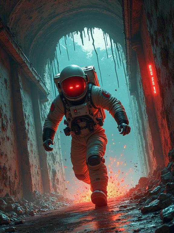 Terrified astronaut running through crumbling space station corridor. Chased by thick jelly-like alien blob. Acidic ooze dripping from walls. Emergency red lights flashing. Illustrated in gritty detail.