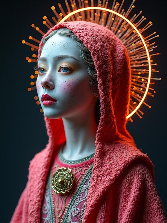 A surrealist portrait of a saint featuring a neon halo. The artwork combines molecular techniques with traditional needlework. The aesthetic resembles Eiko Ishioka's collaborations.