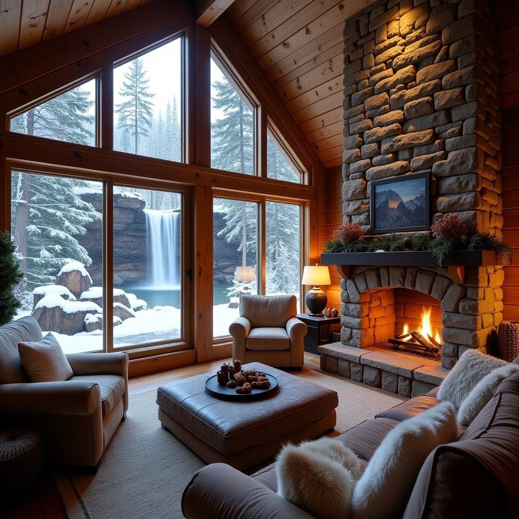 Cozy luxurious fireplace in a log cabin. Snow falling outside from the porch. Waterfall visible through the window. Living room setting with comfortable seating and warm ambiance.