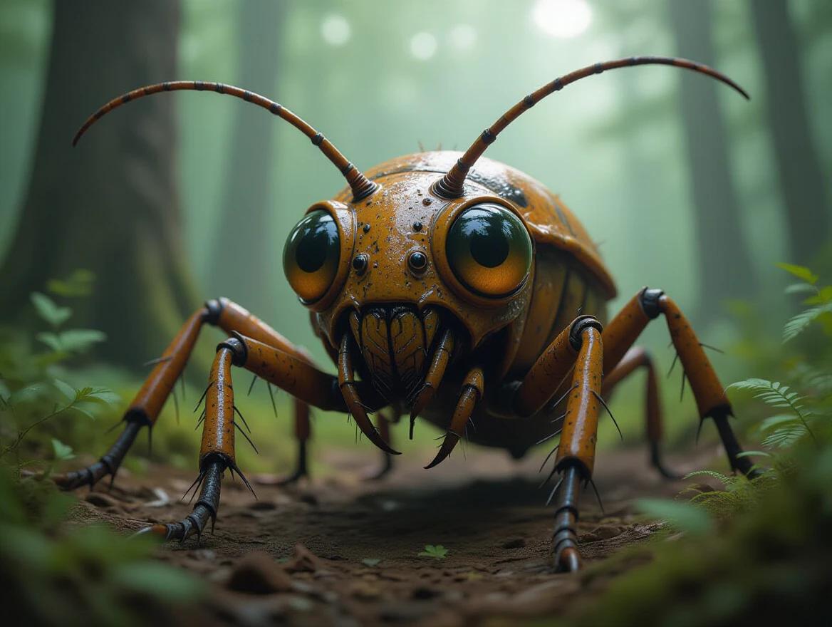 Strange insect creature in a dense forest. Insect features huge eyes slimy goo realistic textures. Nature documentary style with vibrant colors and atmospheric depth.