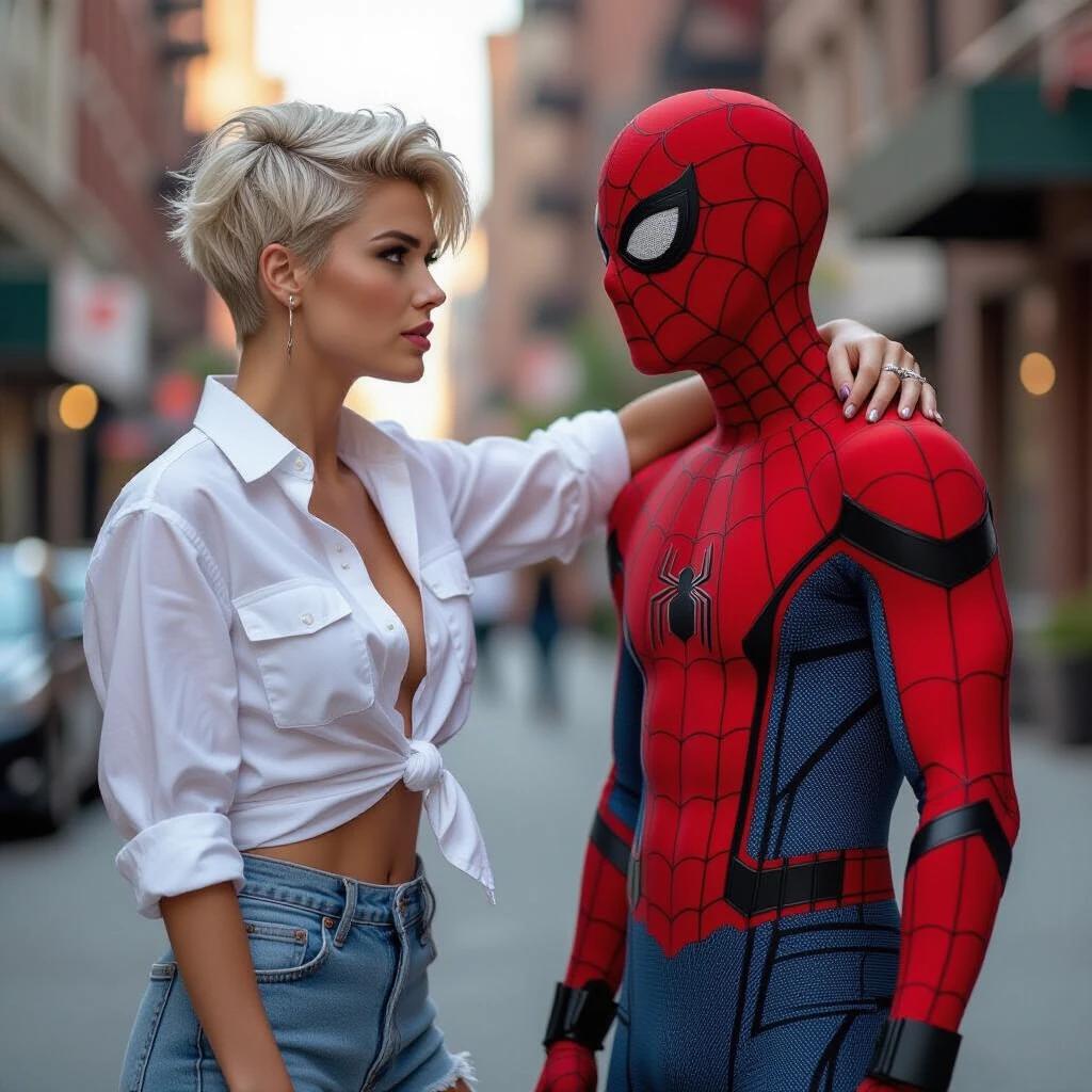 Image of a confident young woman facing Spider-Man. She wears an unbuttoned white shirt tied at the waist and distressed denim shorts. The woman has a punk-inspired hairstyle. Spider-Man stands close, with one hand placed on his shoulder. Urban street environment in the background features a motorcycle.