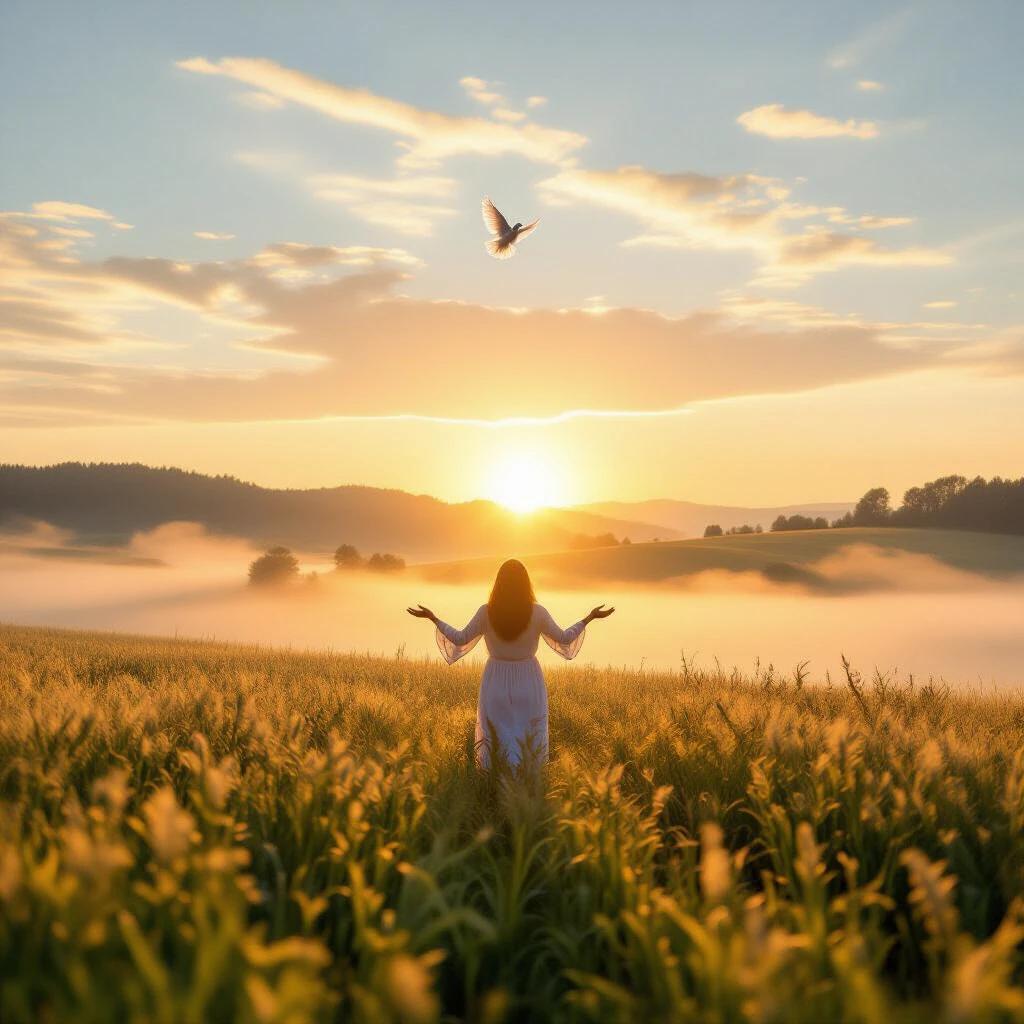 Ultra-realistic peaceful early morning sunrise in the countryside. Soft golden light spills over a quiet field with light mist. A person stands alone from behind facing the sunrise with arms open in gratitude. A white dove is flying in the sky above. The atmosphere is calm and hopeful filled with warm colors. Composition evokes peace and renewal at the beginning of a blessed day.